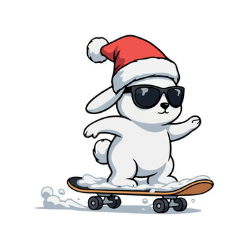 Cute rabbit riding skateboard in Santa hat and sunglasses Christmas vector illustration. Cool Christmas rabbit skateboarding in winter hat and sunglasses vector clipart. 