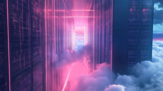 Futuristic server room, floating above clouds, glowing neon light, data center, digital corridor, technology, network, cloud computing,  virtual,  cyberpunk,  architecture