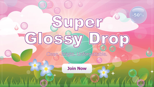 Glossy drop game promo banner template, pastel bubble mobile game advertisement background, cute colorful game interface design