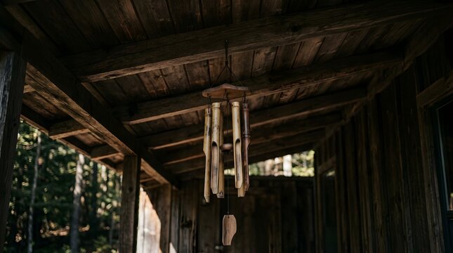 Bamboo wind chime hanging under a rustic wooden porch roof in daylight