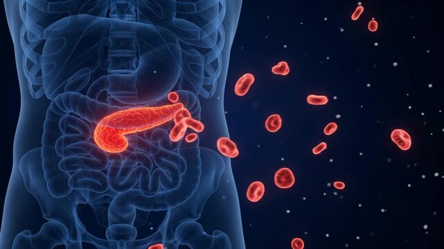 Human Pancreas Anatomy Animation - Organ Releasing Glowing Cells in Abdominal Cavity - Cinematic 3D Medical Visualization