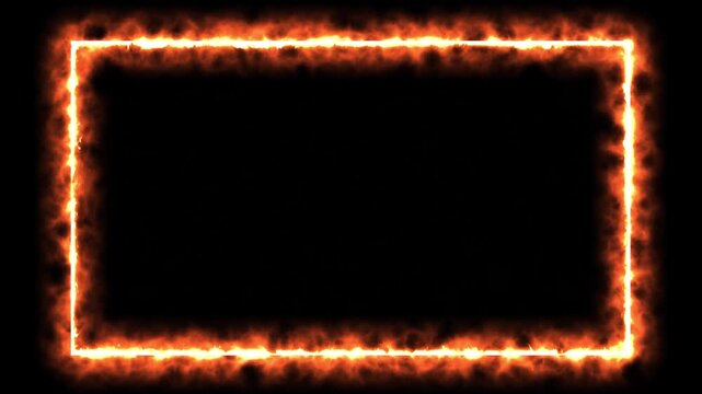 Glowing white hot rectangle frame wrapped in orange flames on black background, animated fire border with fiery glow, empty copy space for text or video