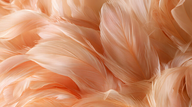 Close view of silky peach feathers in overlapping layers