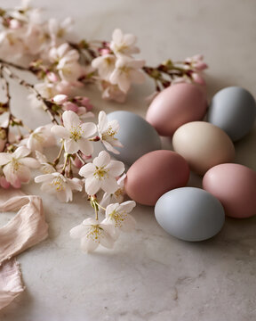 Pastel Easter eggs nestled beside delicate spring blossoms