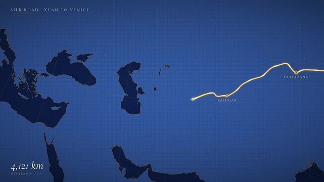 Animated Silk Road route from Xian to Venice traced across a dark blue map in four sequential frames. Golden path passes historic waypoints including Dunhuang, Samarkand, Tehran and Baghdad.