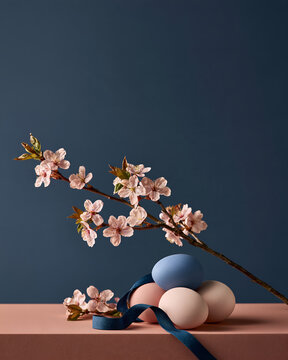 Pastel Easter eggs and pink blossom against a navy background