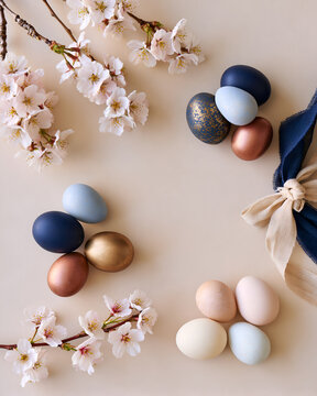 Navy and pastel Easter eggs framing a pale floral background