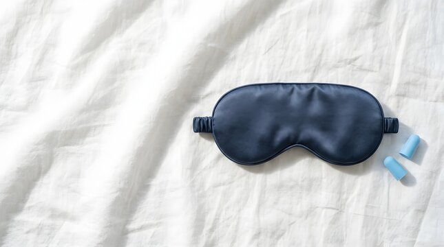 Dark blue sleeping mask and earplugs on a soft white wrinkled bed sheet