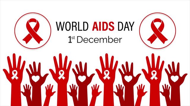 World AIDS Day animation featuring raised red hands and awareness ribbon emblems, representing community support, HIV prevention, equal rights, and global solidarity.