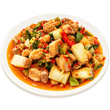 Babi rica-rica, spicy pork meat with red chili and vegetables on a white plate
