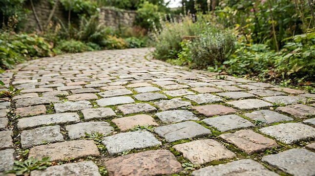 Stone path made of grey cobblestones with green grass growing between the rocks in a quiet garden at summer time