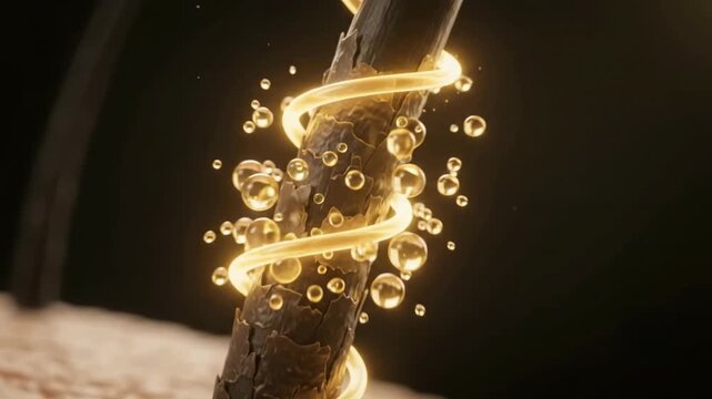 Hair Follicle Repair Animation - Golden Molecules Strengthening Hair Fiber Microscopic View - 4K 3D Render Cosmetic Science Footage