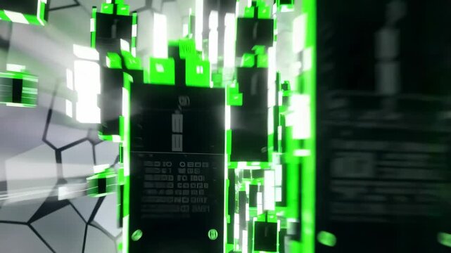 Green glowing digital blocks stream through a futuristic hexagonal tunnel toward the camera, creating a fast moving abstract technology data visualization
