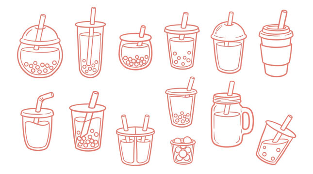 Set of hand drawn doodle bubble tea cups with boba pearls and straws.