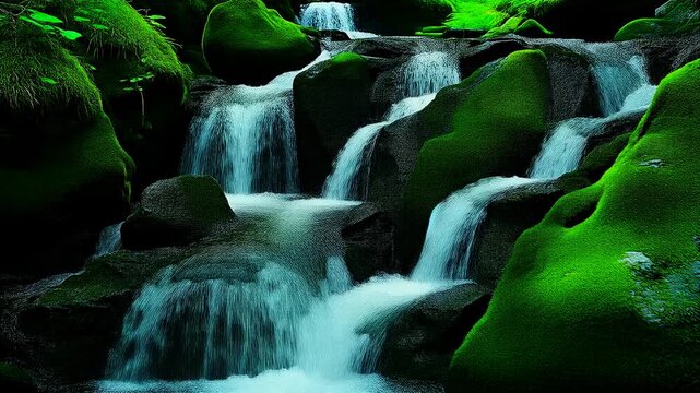 苔むした巨石を流れ落ちる渓流 シームレスループ動画背景 16:9 4K