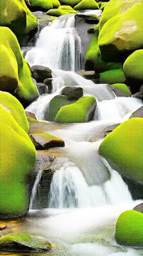 苔むした巨石を流れ落ちる渓流 シームレスループ動画背景 9:16 4K