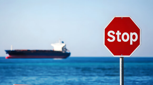 A stop sign against the backdrop of a ship sailing in the ocean on a clear day