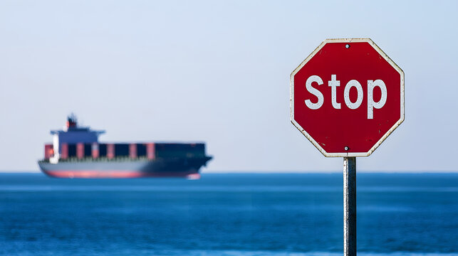 A stop sign against the backdrop of a ship sailing in the ocean on a clear day