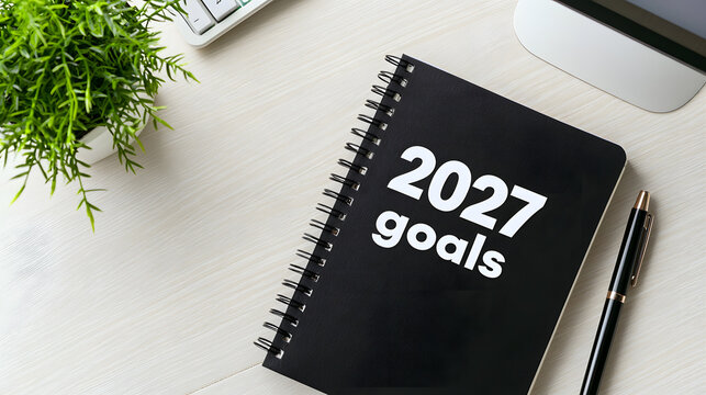 A notepad with the inscription "Goals 2027" on an office desk in a business center