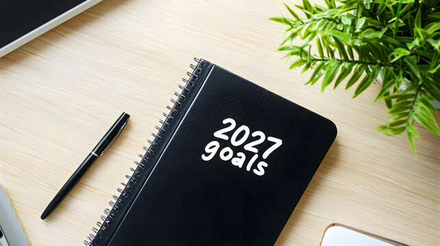 A notepad with the inscription "Goals 2027" on an office desk in a business center