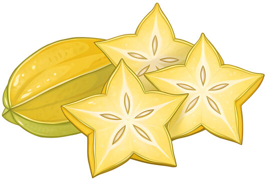 Flat vector starfruit, yellow star-shaped slices, minimalist composition