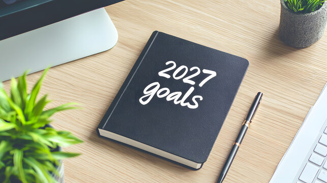 A notepad with the inscription "Goals 2027" on an office desk in a business center