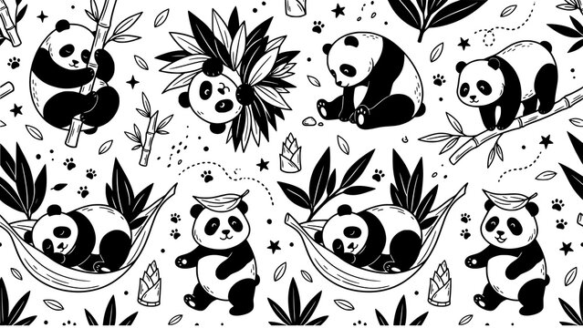 Panda bears and bamboo stalks form a seamless black and white vector pattern