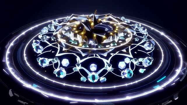 Abstract geometric light mandala with glowing crystalline shapes and concentric rings rotating in a dark futuristic digital animation