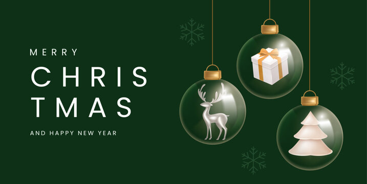 Elegant Merry Christmas and Happy New Year Banner with Hanging Glass Ornaments, Reindeer, Gift Box and Christmas Tree &ndash; Editable Vector Illustration
