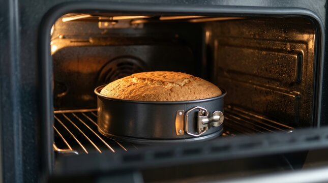 Freshly baked golden sponge cake in a round springform pan inside a modern electric oven with warm interior lighting, home baking process and delicious dessert preparation concept.