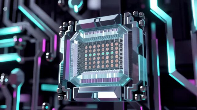 Futuristic circuit board network with glowing data streams moving through geometric computer components in a neon technology environment, 3D digital animation