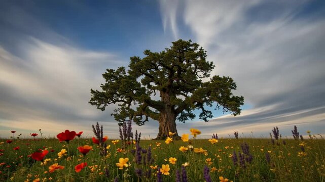 Lone mature oak tree in a colorful wildflower meadow beneath streaked clouds, with poppies and yellow flowers in a peaceful natural landscape