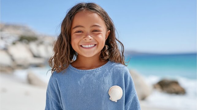A smiling young girl in a blue shirt standing on a sandy beach with turquoise ocean water and white rocks behind her.Posts about childhood wellness, summer camp advertising, and summer holiday guides.