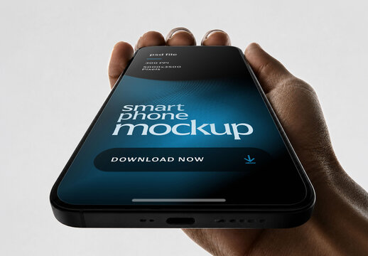 Smartphone Mockup Held In Hand On Light Gray Background