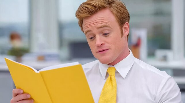 A redhead man in a white shirt and yellow tie reads an open yellow notebook or folder in a bright office environment for corporate training websites, educational blogs, business management platforms