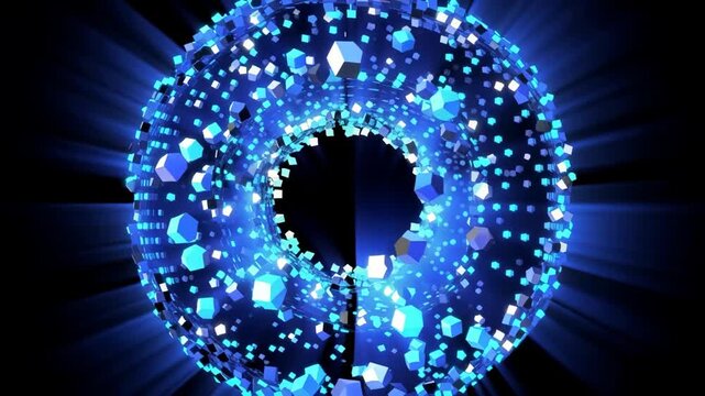 Glowing blue geometric particle torus rotating in space with luminous fragments, radiant beams, and a dark central opening in abstract digital animation
