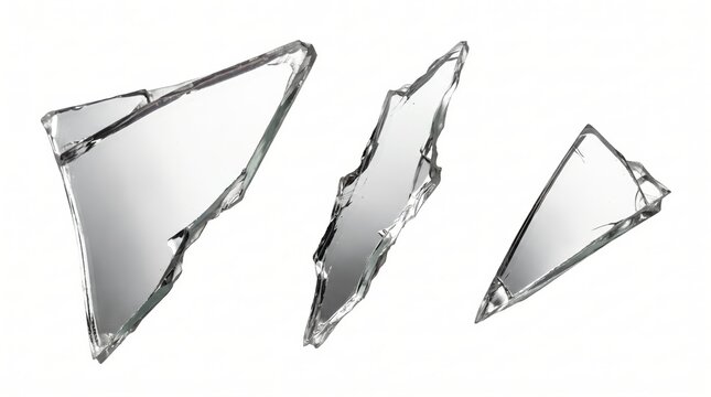 Three sharp, jagged shards of broken transparent glass isolated on a plain white background, reflecting light with irregular edges