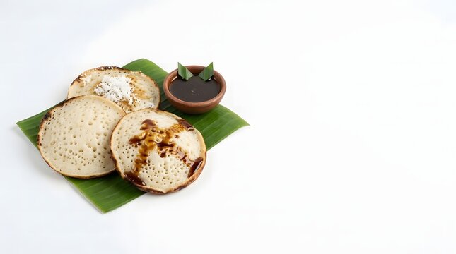 Indonesian serabi rice flour pancakes with grated coconut and palm sugar syrup on a banana leaf.