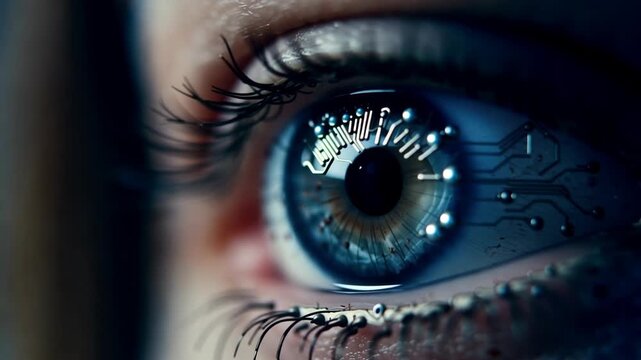 Blue human eye blinking in close up with futuristic circuit pattern reflected across iris, opening and closing to reveal an electronic technology concept