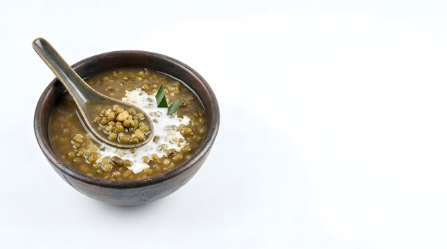 Indonesian bubur kacang hijau mung bean porridge with coconut milk and pandan leaf in a rustic bowl.