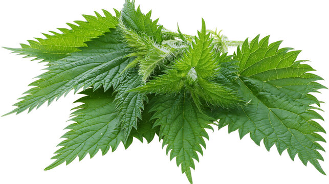 Fresh green stinging nettle leaves with serrated edges and fine hairs