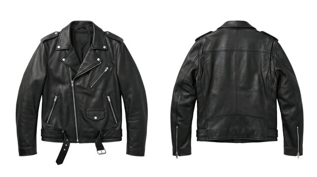 Black leather biker jacket shown front and back on transparent background. Motorcycle fashion and protective outerwear. Classic punk and rock style. Apparel product display