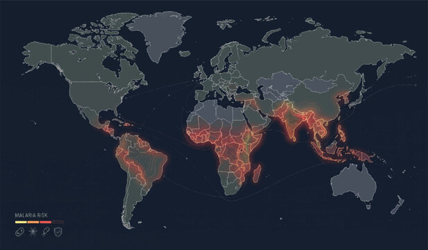 Global malaria risk heat map with geographic distribution and data legend