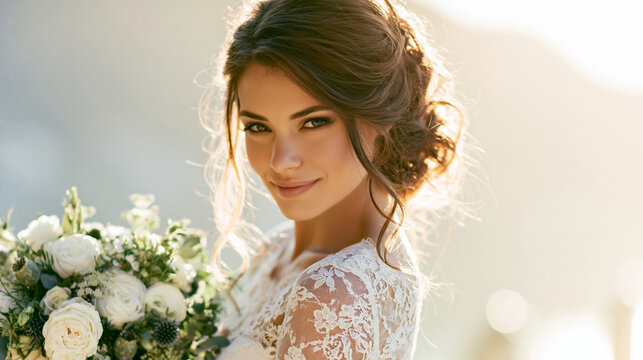 Bride smiles while holding a white rose bouquet outdoors in warm golden backlight