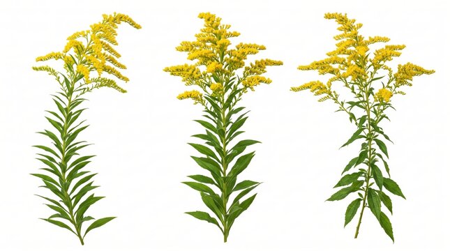 Three separate stems of goldenrod flowers with bright yellow clustered blooms and green lanceolate leaves, isolated on a white background