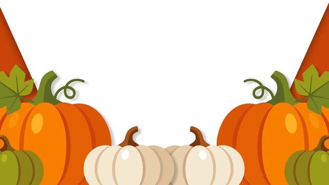 Thanksgiving pumpkin border frame motion graphic background with autumn harvest foliage and copy space.