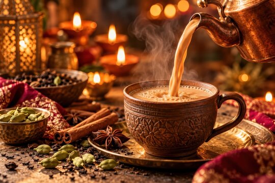 Chai tea is poured from a copper kettle into an ornate ceramic cup surrounded by glowing oil lamps and fragrant spices.