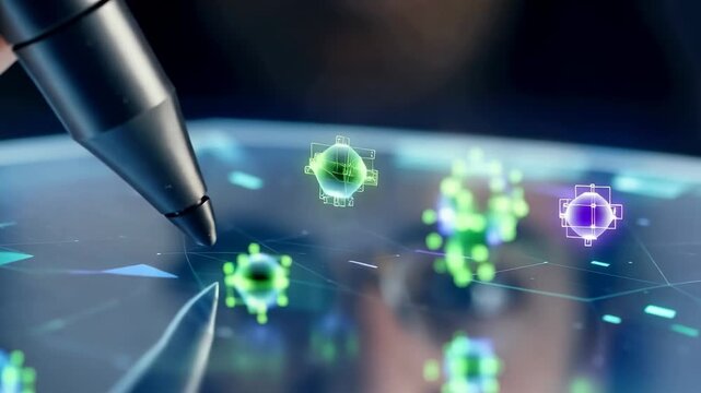 Stylus interacting with glowing molecular models on a futuristic transparent interface, showing digital selection and analysis in a high tech scientific visualization