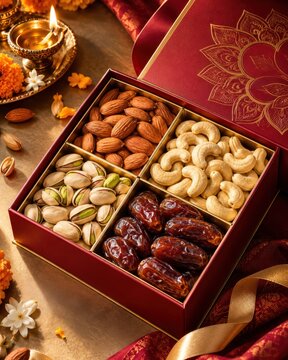Assorted dry fruits beautifully arranged inside a decorative red box on a wooden table.