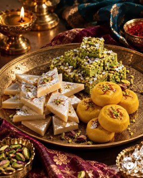 Traditional Indian sweets served elegantly on a polished brass platter during a festive celebration.